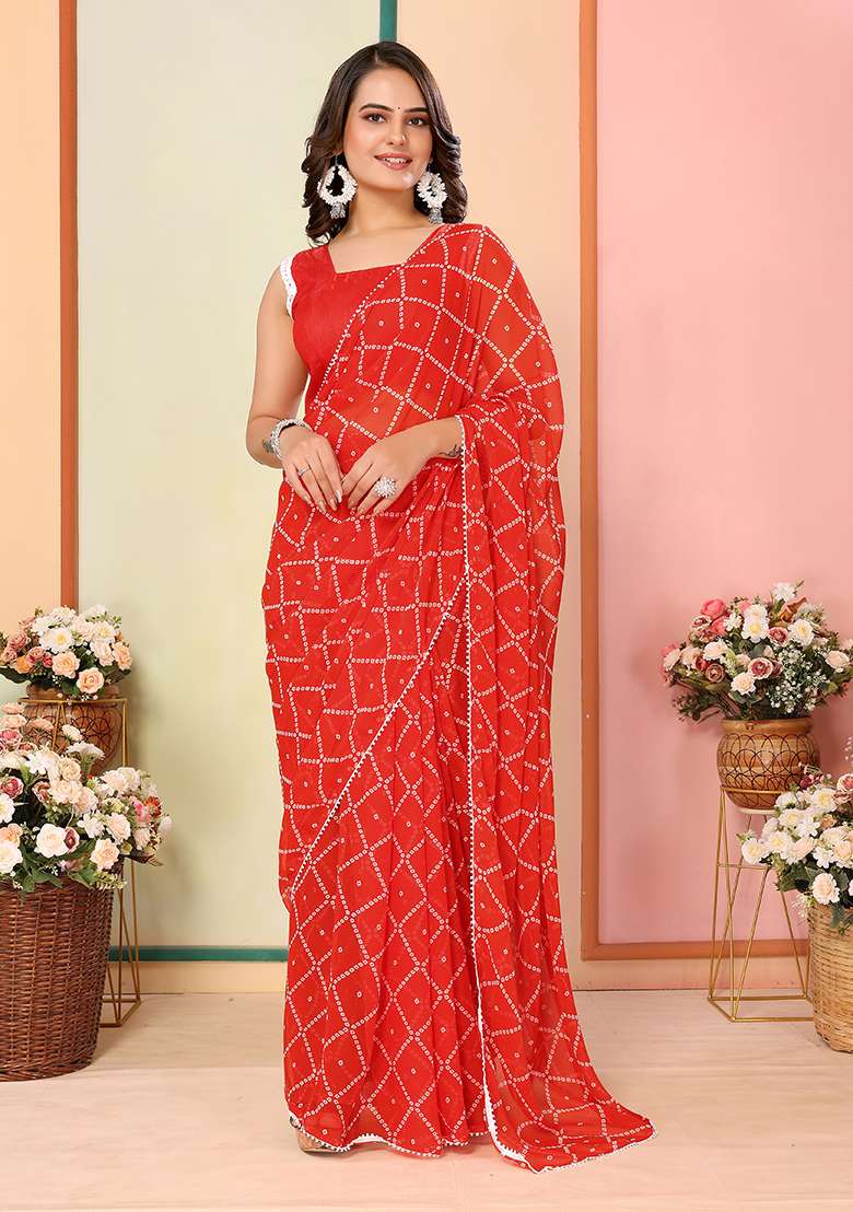 Red Printed Faux Georgette Saree Set - Indya