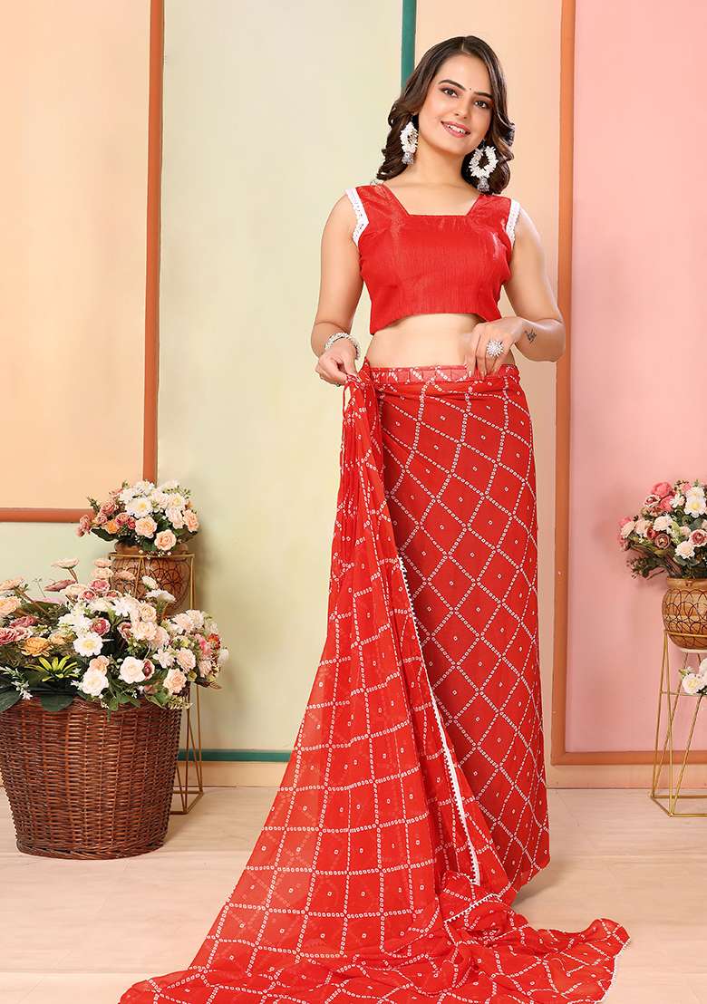 Red Printed Faux Georgette Saree Set - Indya