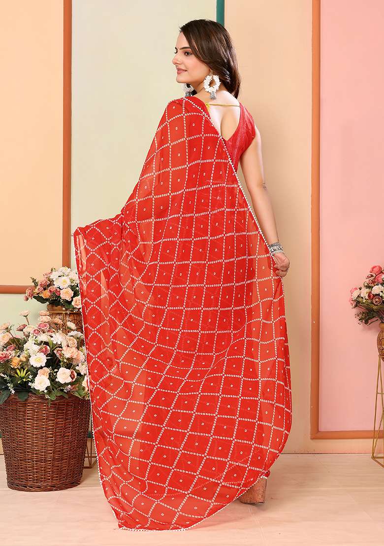 Red Printed Faux Georgette Saree Set - Indya