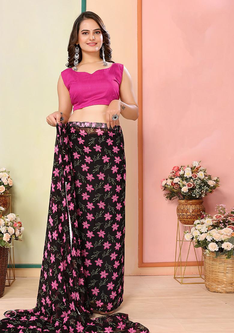 Black Printed Faux Georgette Saree Set - Indya