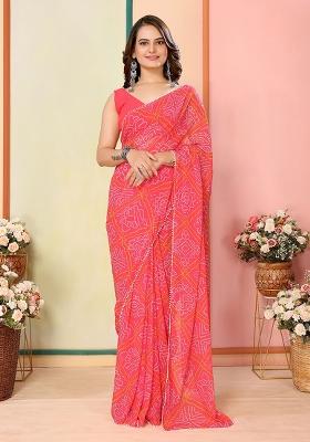 Red Printed Faux Georgette Saree Set
