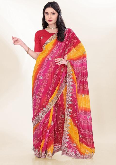Pink Embroidered Faux Georgette Saree Set