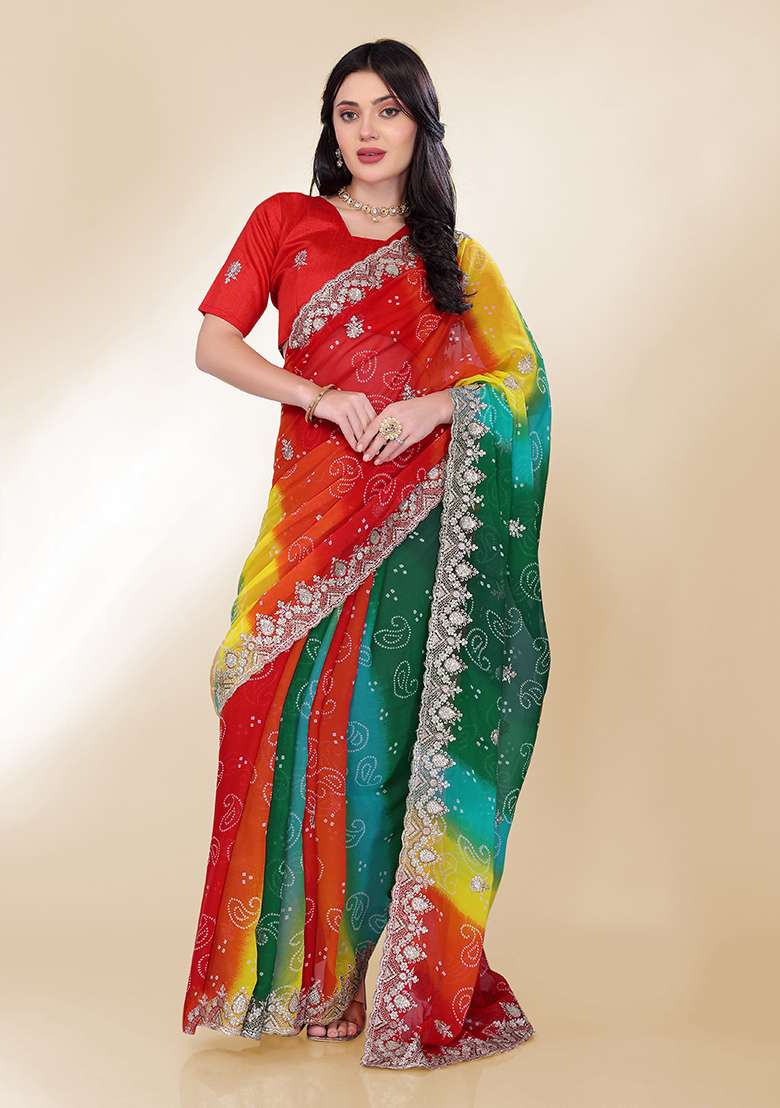 Green Embroidered Faux Georgette Saree Set - Indya