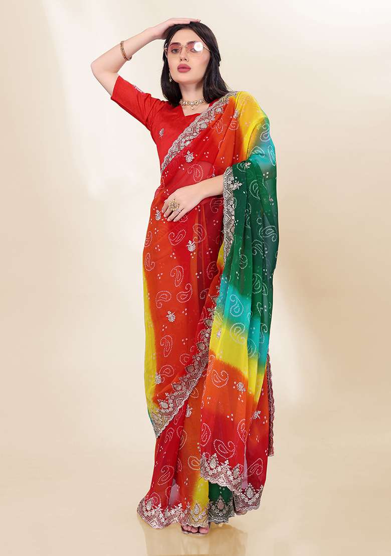 Green Embroidered Faux Georgette Saree Set - Indya