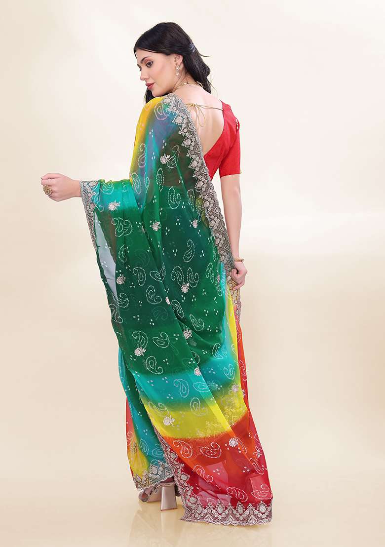 Green Embroidered Faux Georgette Saree Set - Indya