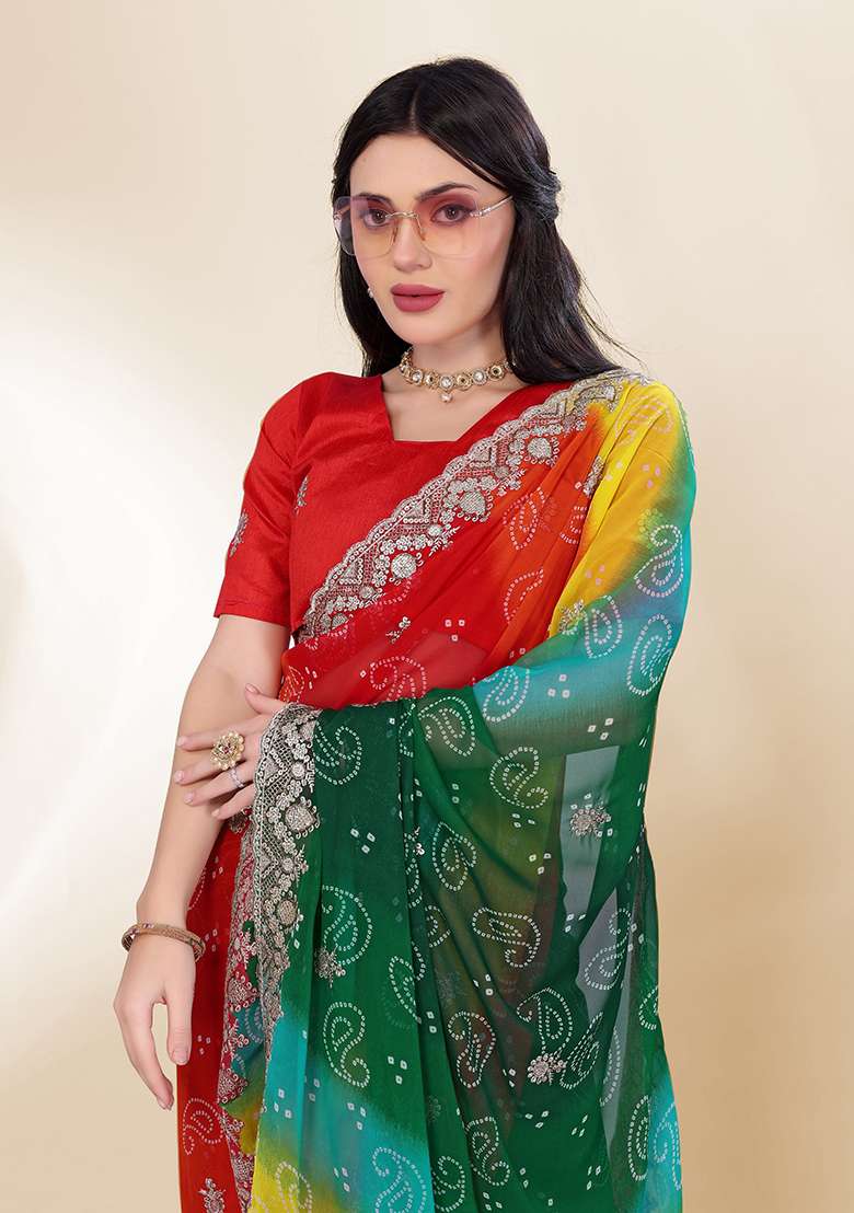 Green Embroidered Faux Georgette Saree Set - Indya