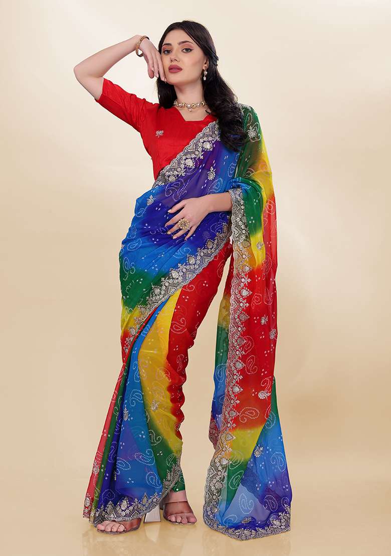 Blue Embroidered Faux Georgette Saree Set - Indya