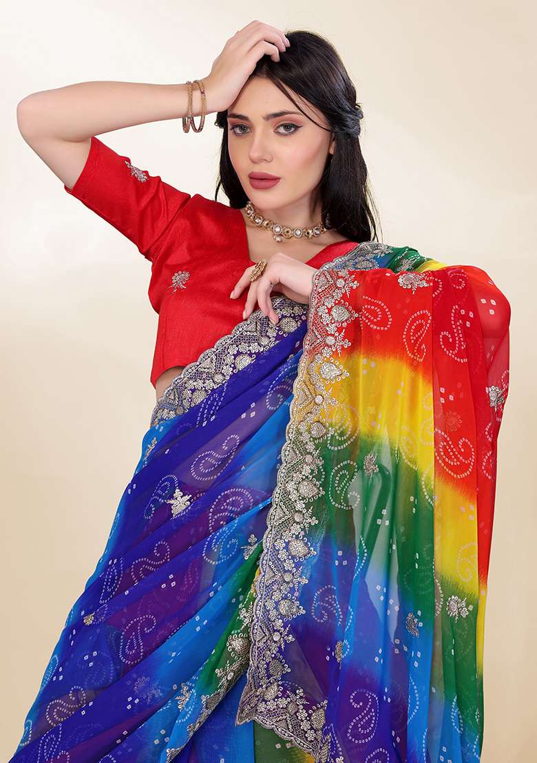 Blue Embroidered Faux Georgette Saree Set - Indya