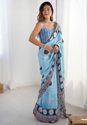Blue Printed Chiffon Saree Set