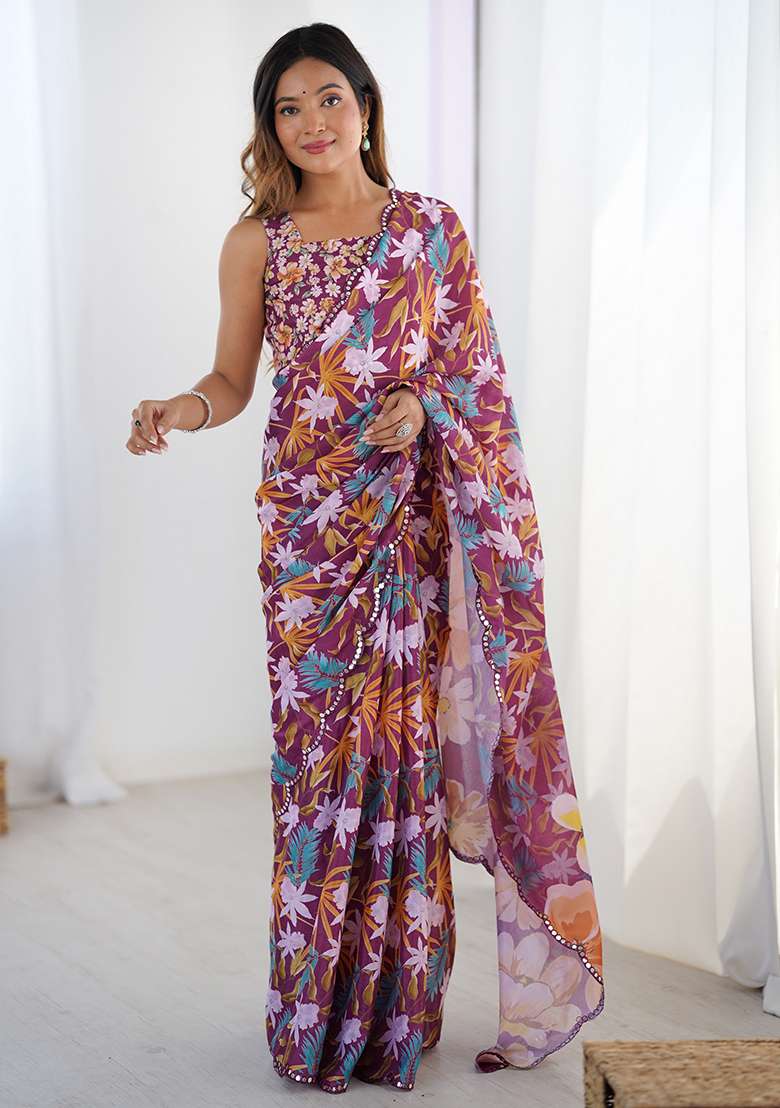 Wine Printed Chiffon Saree Set for Diwali and Festive Wear - Indya