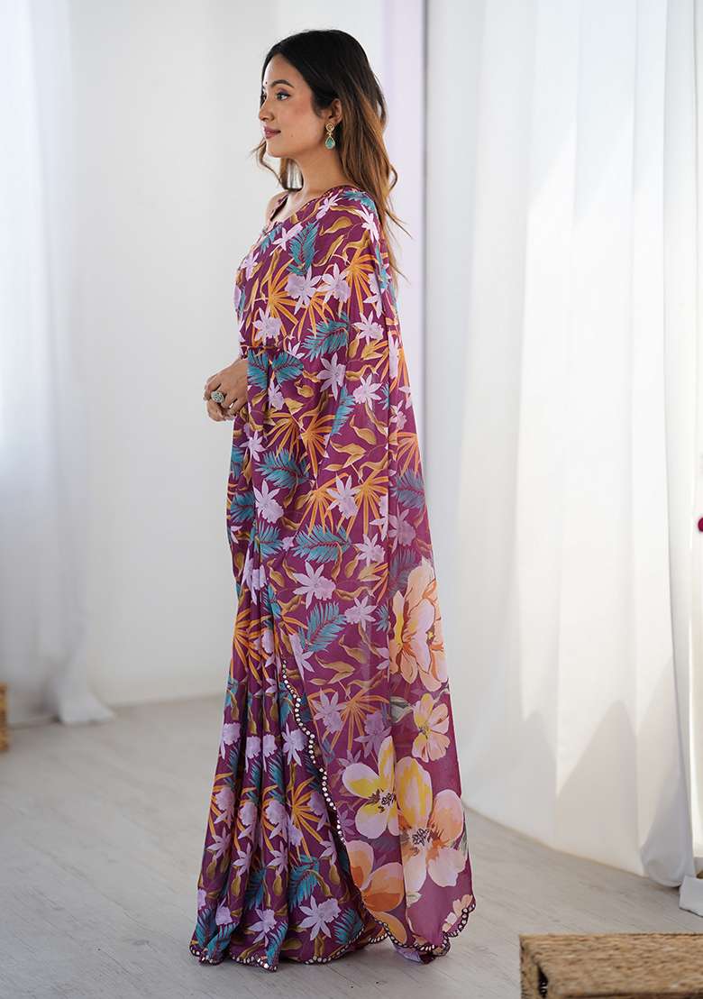Wine Printed Chiffon Saree Set for Diwali and Festive Wear - Indya