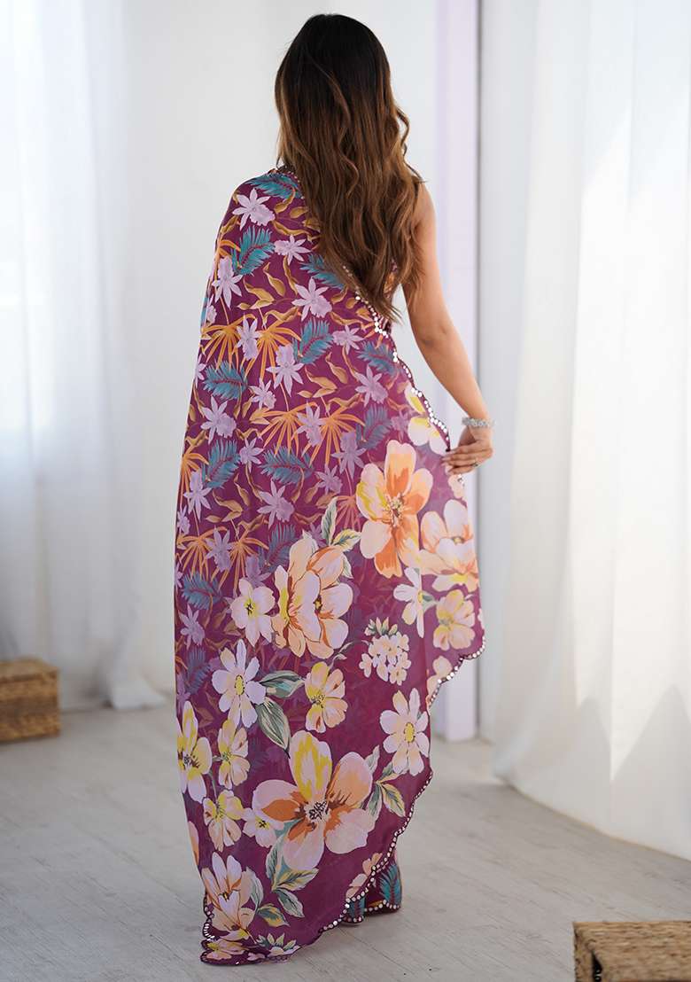 Wine Printed Chiffon Saree Set for Diwali and Festive Wear - Indya