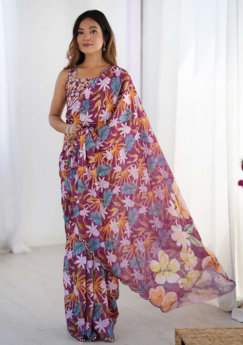 Wine Printed Chiffon Saree Set for Diwali and Festive Wear - Indya