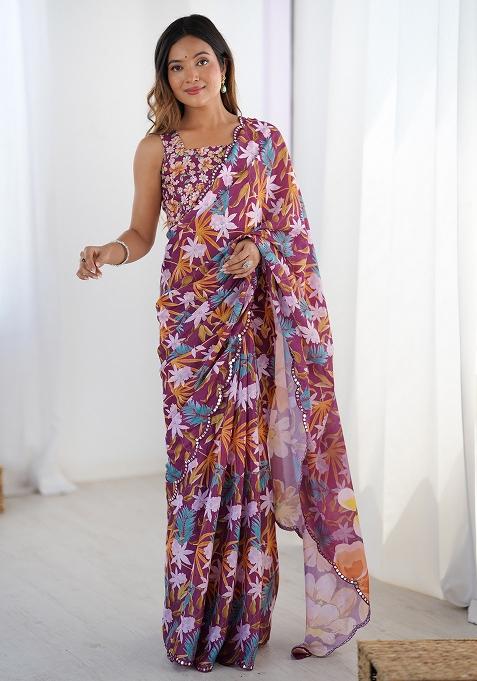 Wine Printed Chiffon Saree Set