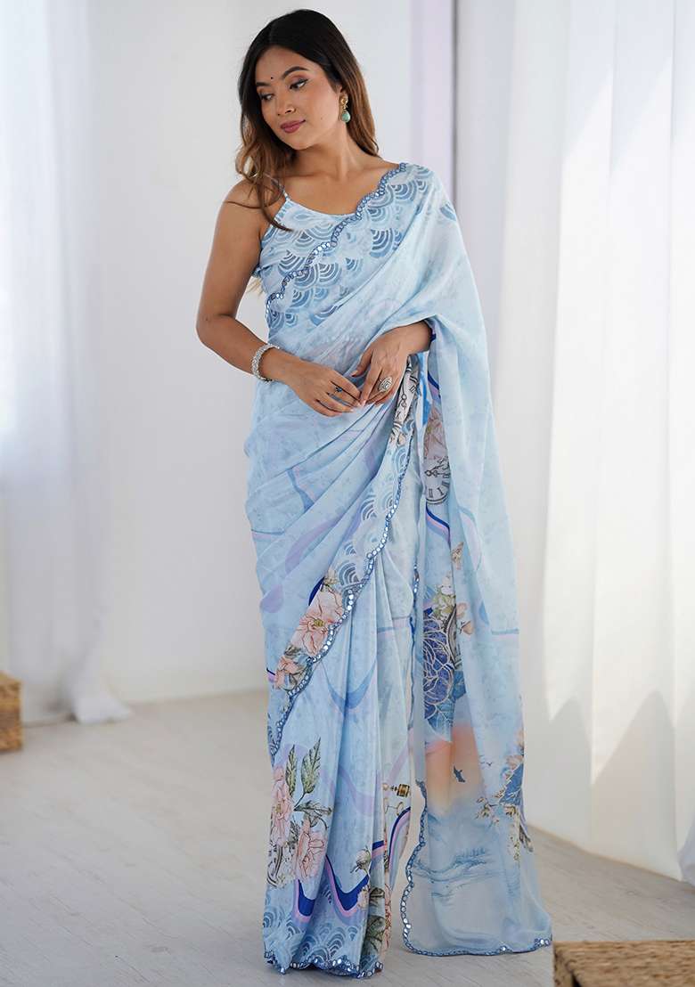 Sky Blue Chiffon Saree Set with Printed for Diwali | Wedding & Festive Wear - Indya
