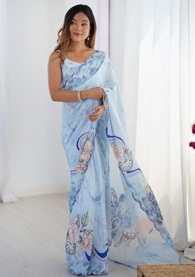 Sky Blue Chiffon Saree Set with Printed for Diwali | Wedding & Festive Wear - Indya