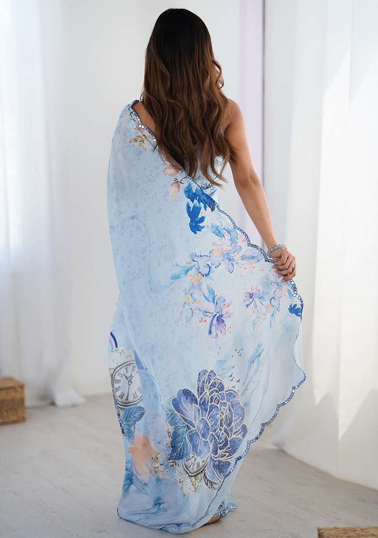Sky Blue Chiffon Saree Set with Printed for Diwali | Wedding & Festive Wear - Indya