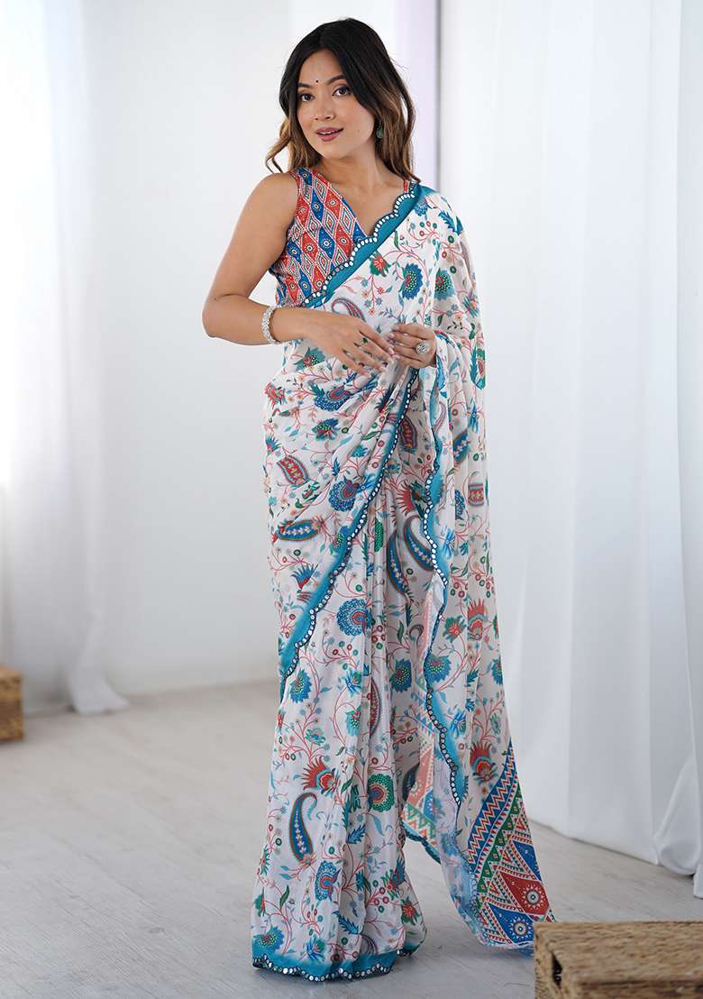 Off White Printed Chiffon Saree Set - Indya