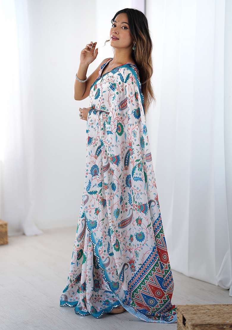 Off White Printed Chiffon Saree Set - Indya