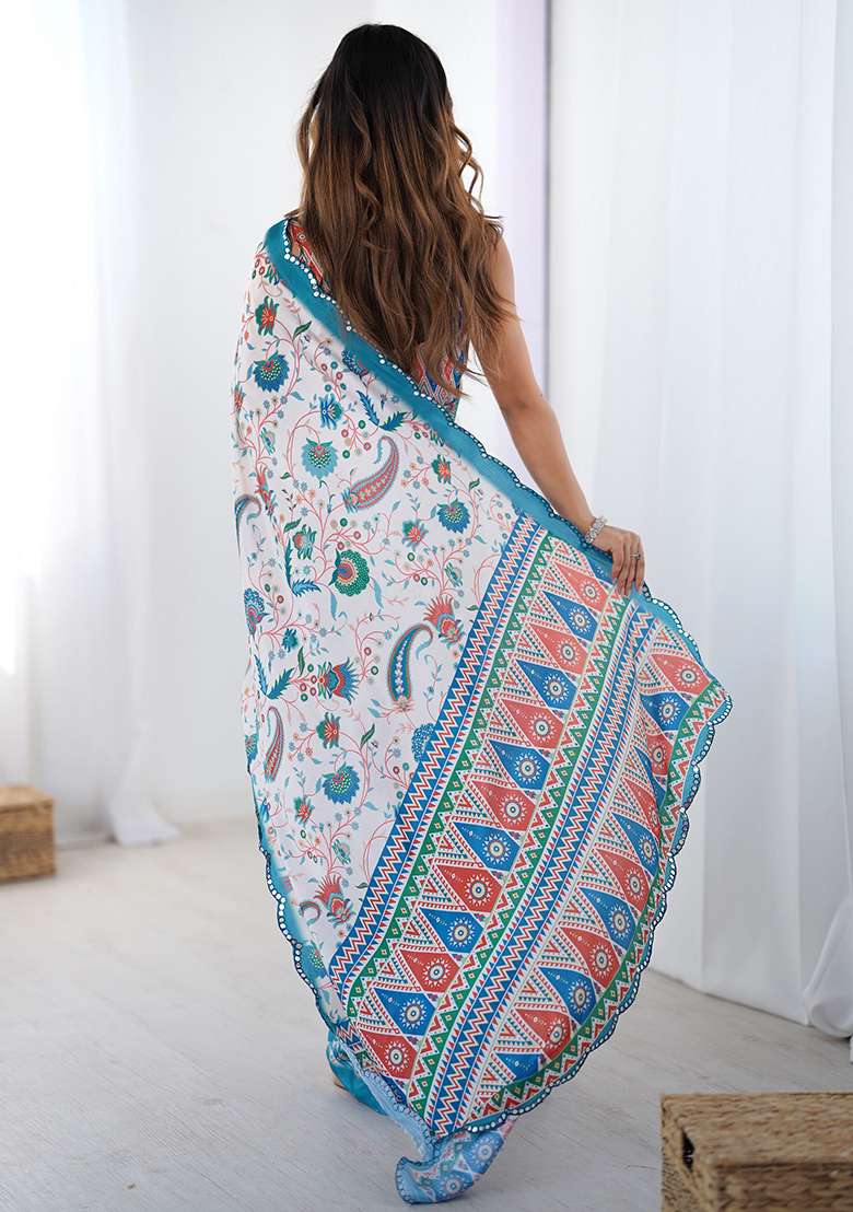 Off White Printed Chiffon Saree Set - Indya