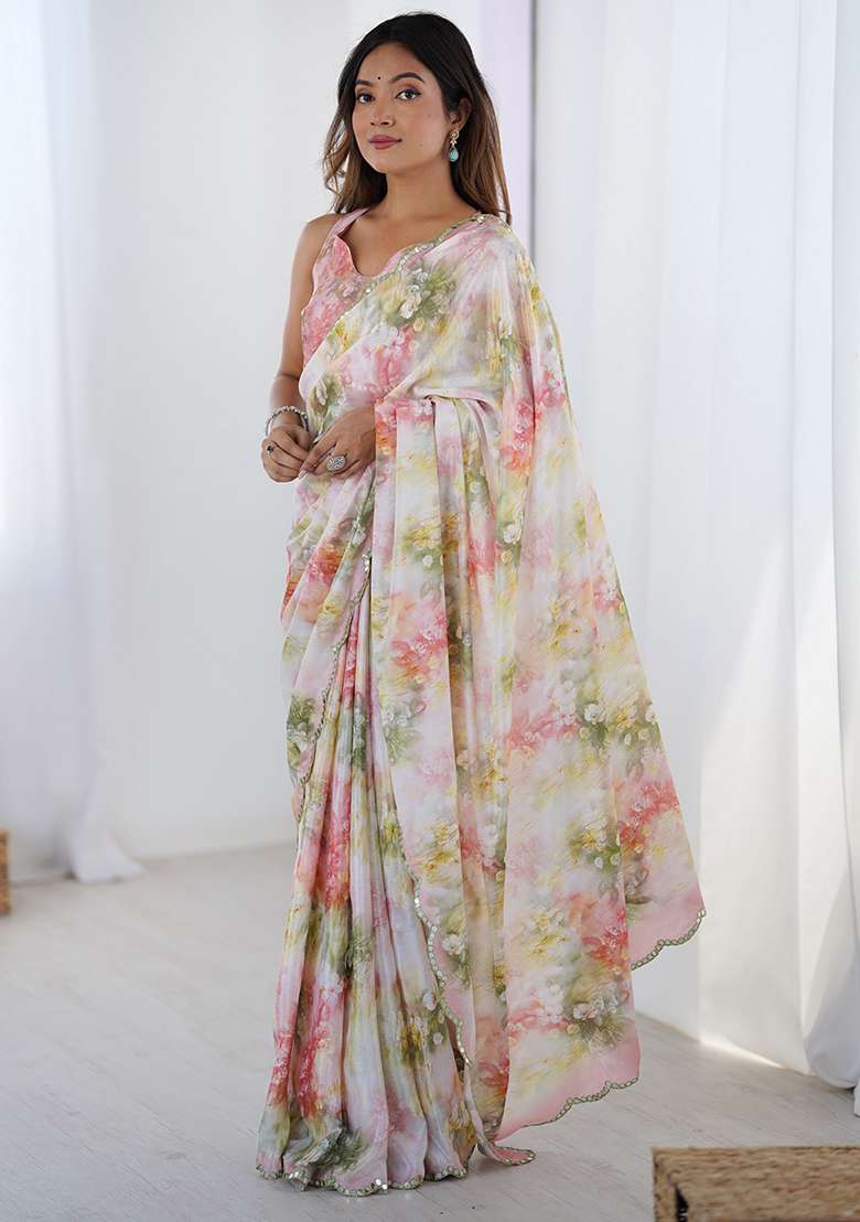 Pink Chiffon Saree Set with Printed for Diwali | Wedding & Festive Wear - Indya
