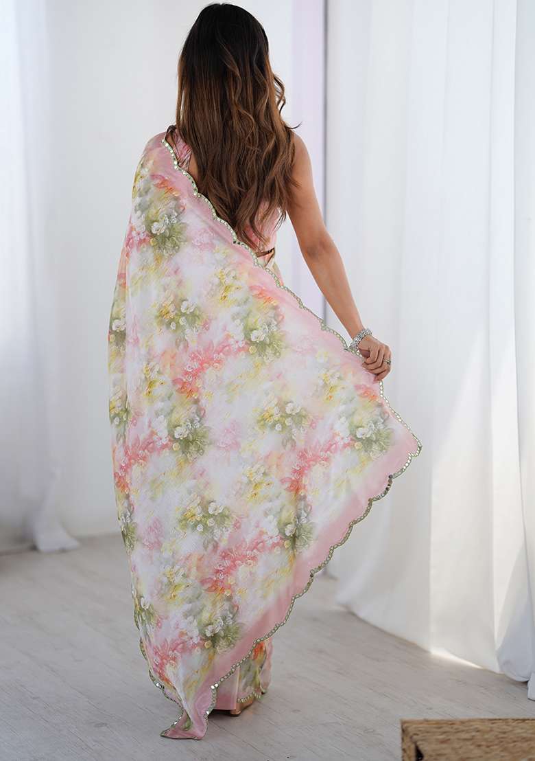 Pink Chiffon Saree Set with Printed for Diwali | Wedding & Festive Wear - Indya