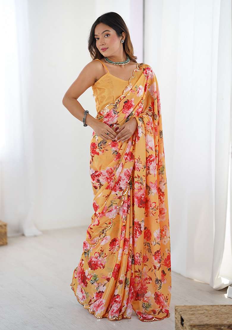 Orange Chiffon Saree Set with Printed for Diwali | Wedding & Festive Wear - Indya
