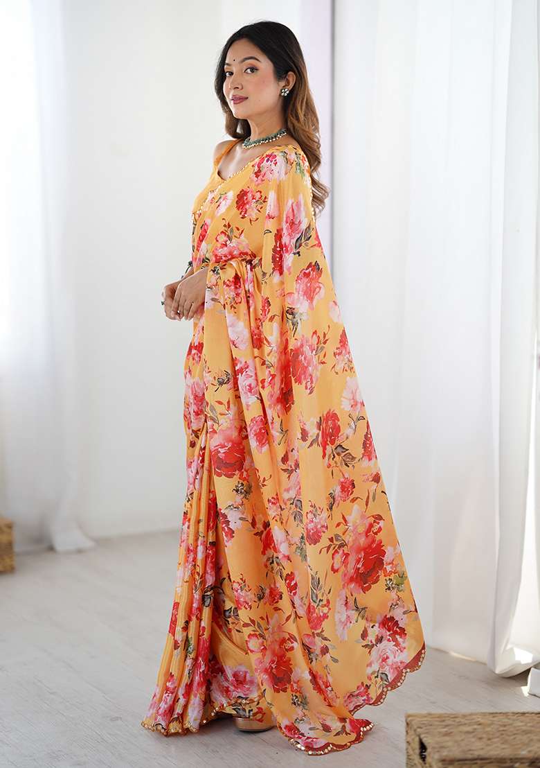 Orange Chiffon Saree Set with Printed for Diwali | Wedding & Festive Wear - Indya