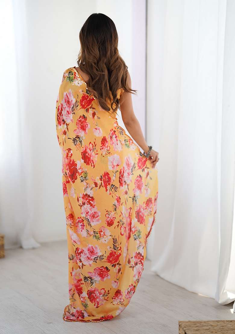 Orange Chiffon Saree Set with Printed for Diwali | Wedding & Festive Wear - Indya
