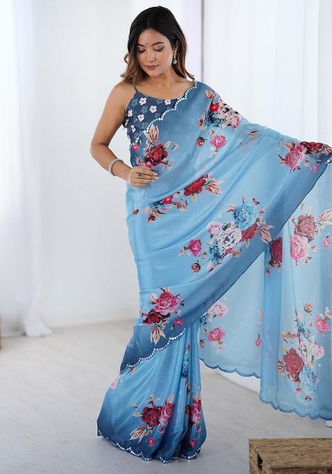 Blue Printed Chiffon Saree Set