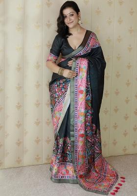 Black Woven Silk Blend Saree Set