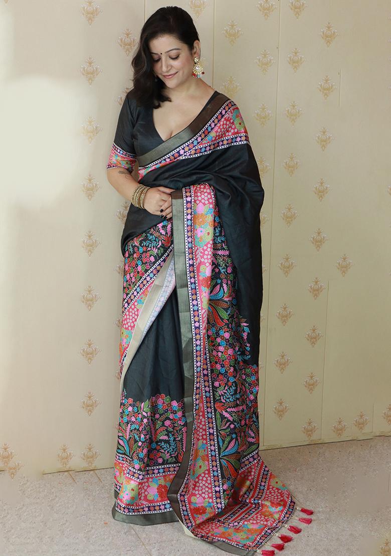 Black Woven Silk Blend Saree Set - Indya