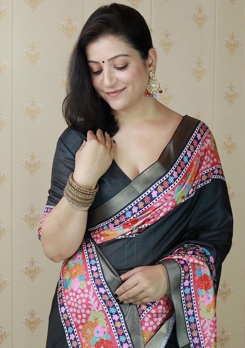 Black Woven Silk Blend Saree Set - Indya