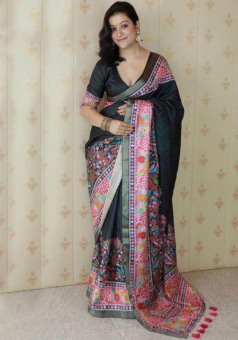 Black Woven Silk Blend Saree Set