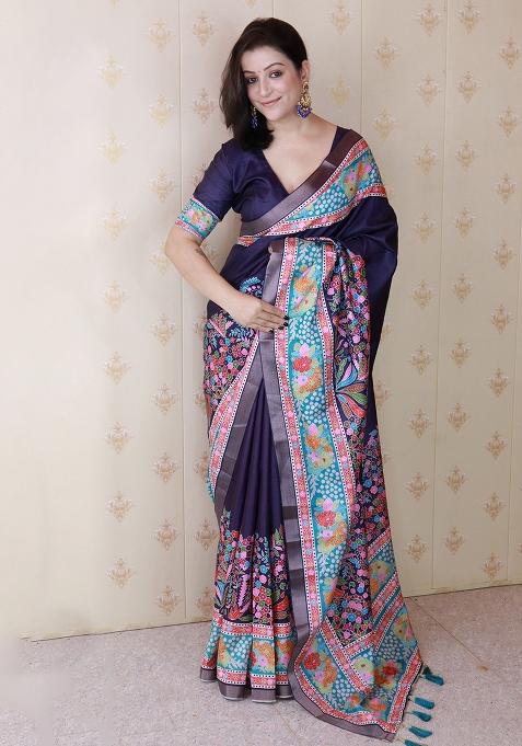 Blue Woven Silk Blend Saree Set