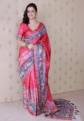 Pink Woven Silk Blend Saree Set