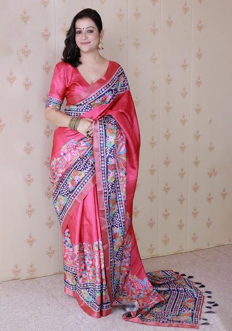 Pink Woven Silk Blend Saree Set