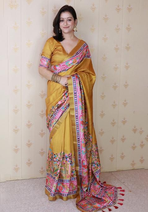 Yellow Woven Silk Blend Saree Set