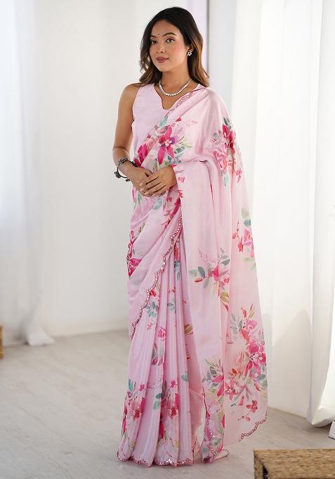 Pink Printed Chiffon Saree Set