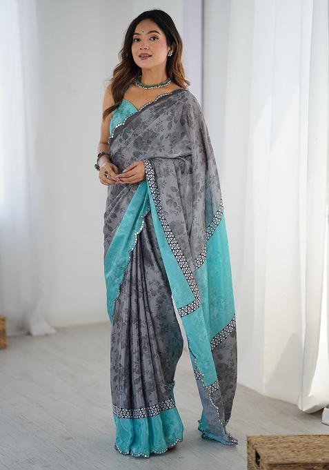 Grey Printed Chiffon Saree Set