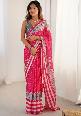 Pink Printed Chiffon Saree Set