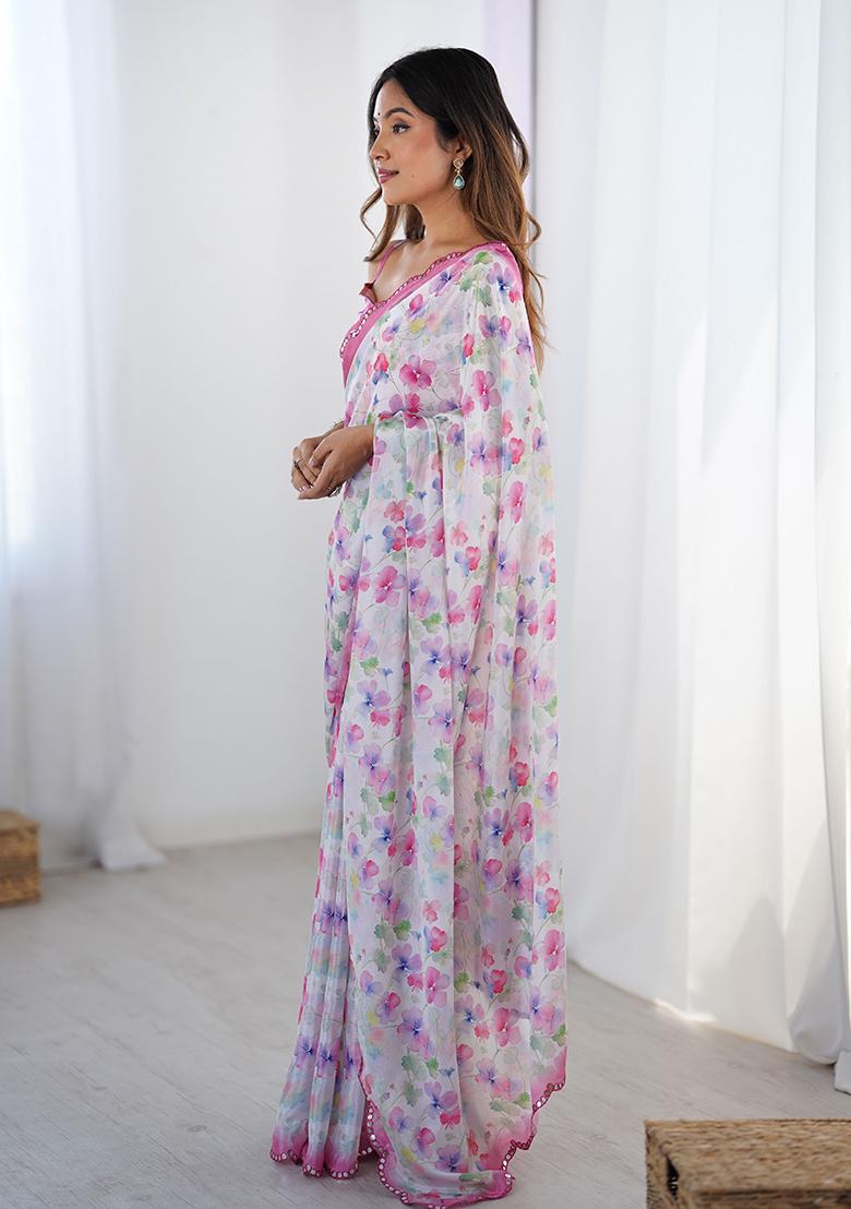 Off White Printed Chiffon Saree Set