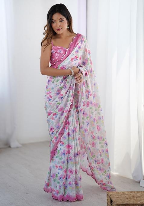 Off White Printed Chiffon Saree Set