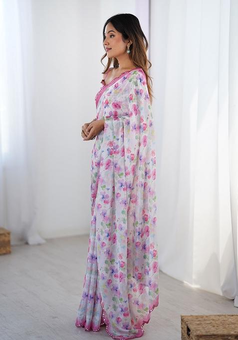 Off White Printed Chiffon Saree Set