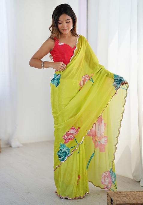 Green Printed Chiffon Saree Set