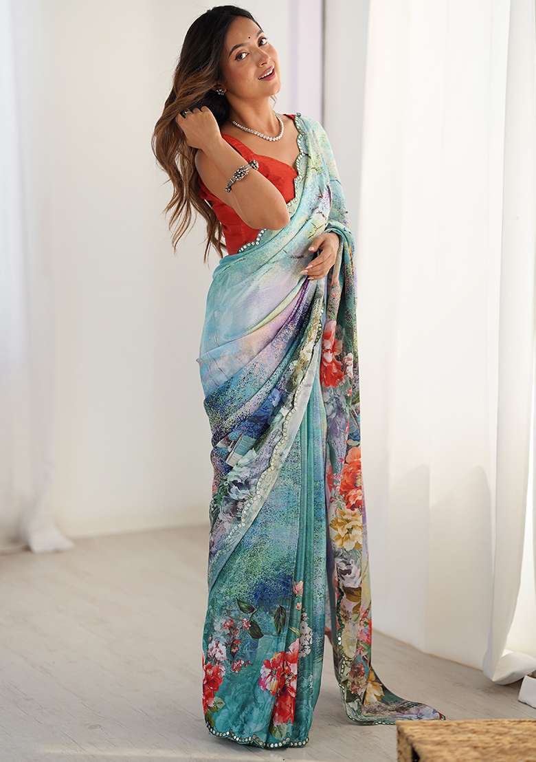 Sea Green Chiffon Saree Set with Printed for Diwali | Wedding & Festive Wear - Indya