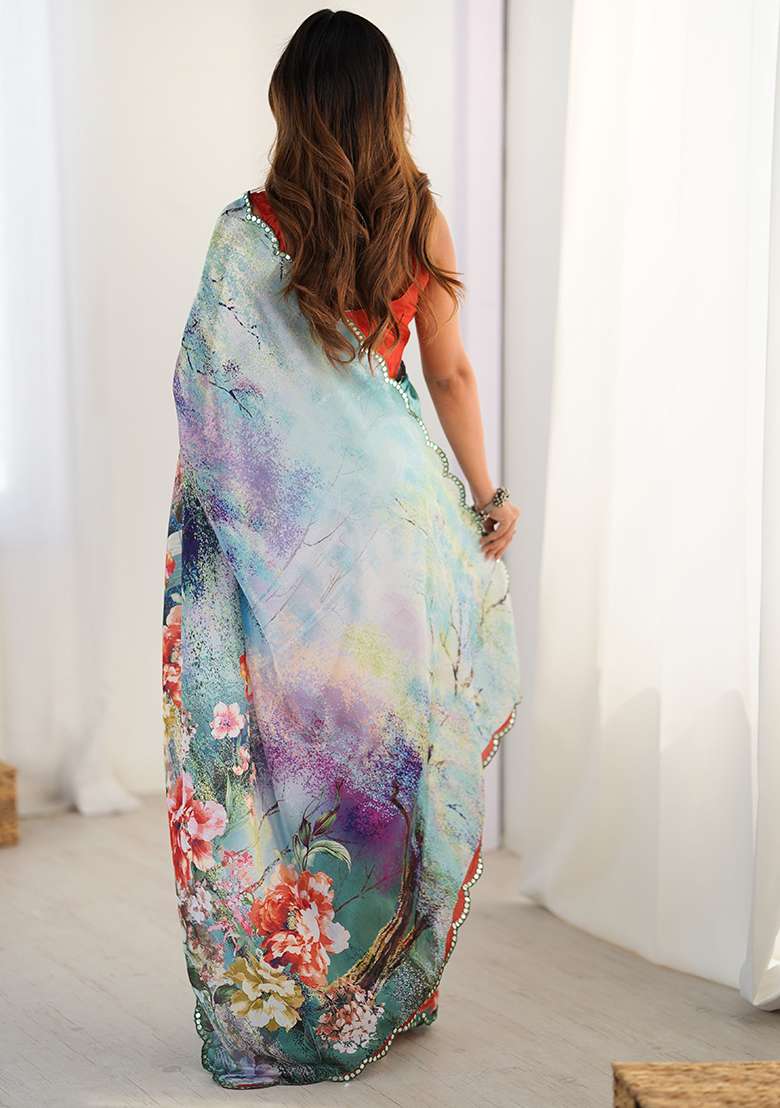 Sea Green Chiffon Saree Set with Printed for Diwali | Wedding & Festive Wear - Indya