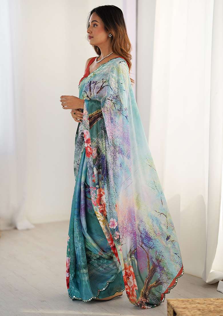 Sea Green Chiffon Saree Set with Printed for Diwali | Wedding & Festive Wear - Indya