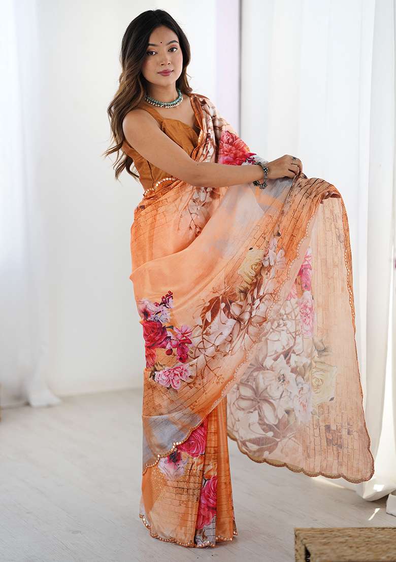 Orange Chiffon Saree Set with Printed for Diwali | Wedding & Festive Wear - Indya