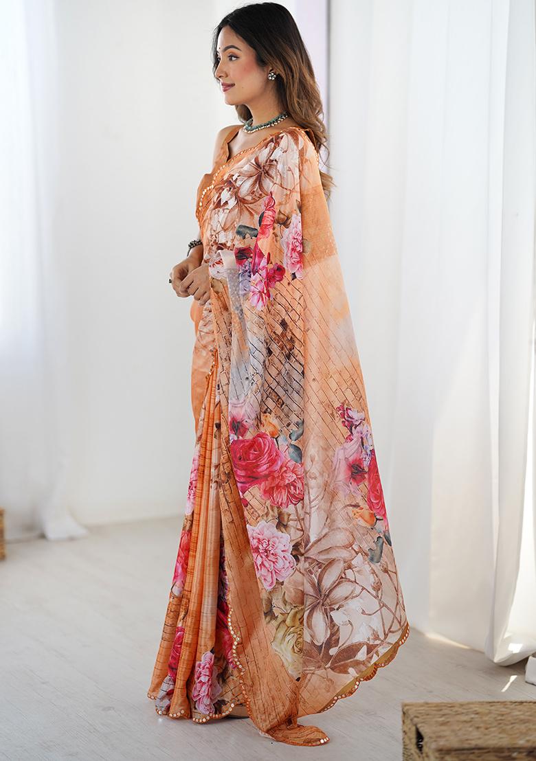 Orange Printed Chiffon Saree Set - Indya